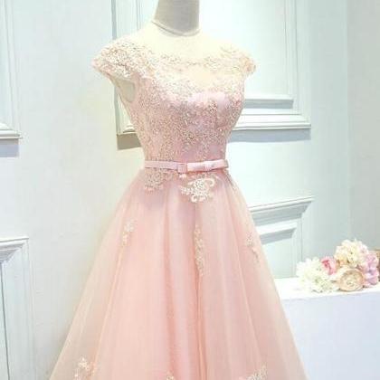 Pink Tulle Cap Sleeves Lace Applique Party Dress..