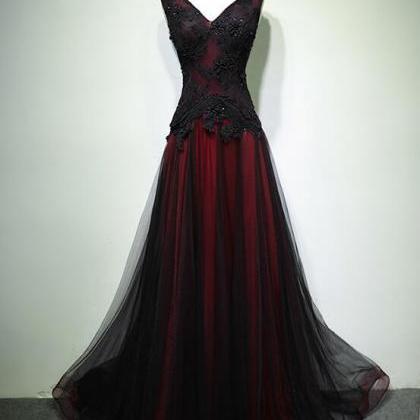 Black And Tulle V-neckline Beaded Lace Long Party..