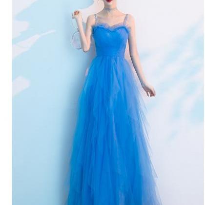Blue Straps Sweetheart Tulle Long Formal Dress..