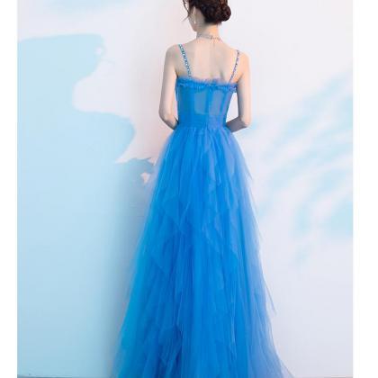 Blue Straps Sweetheart Tulle Long Formal Dress..