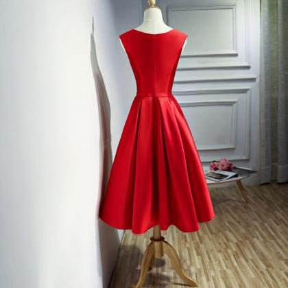 Red Satin Tea Length Round Neckline Party Dress,..