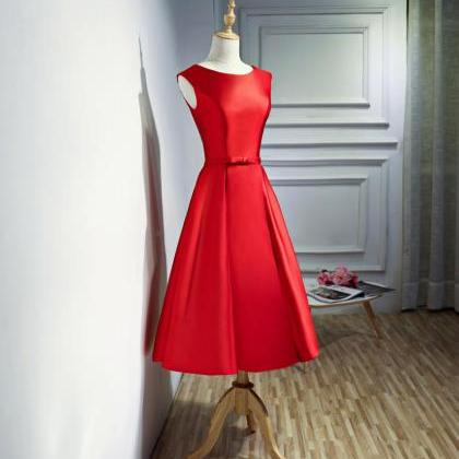 Red Satin Tea Length Round Neckline Party Dress,..