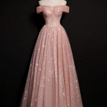 Off Shoulder Pink Tulle Long A-line Prom Dress..