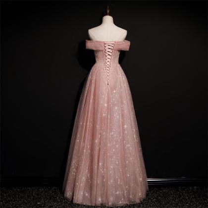 Off Shoulder Pink Tulle Long A-line Prom Dress..