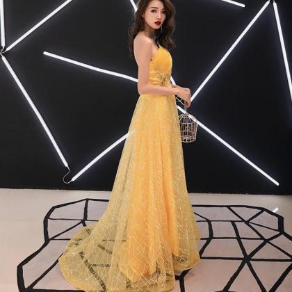 Unique Yellow Tulle Style Beaded Flowers Formal..