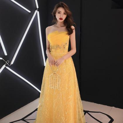 Unique Yellow Tulle Style Beaded Flowers Formal..