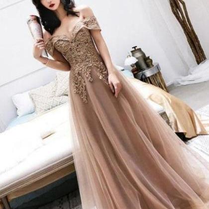 Champagne Tulle Lace Off Shoulder Long Party..