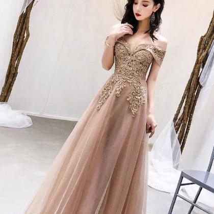 Champagne Tulle Lace Off Shoulder Long Party..