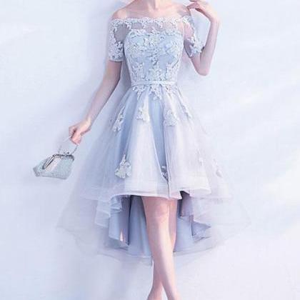 Grey Short Sleeves Tulle With Lace High Low Party..