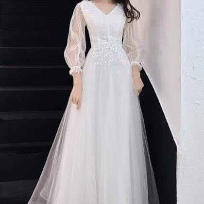 White Long Sleeves Tulle Simple Wedding Party..