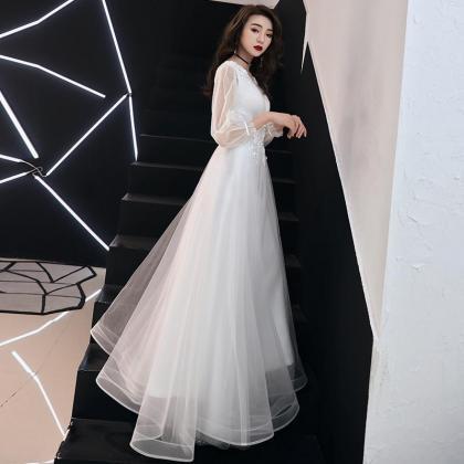 White Long Sleeves Tulle Simple Wedding Party..