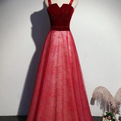 Red Lovely Tulle With Velvet Top Floor Length Prom..