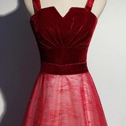 Red Lovely Tulle With Velvet Top Floor Length Prom..
