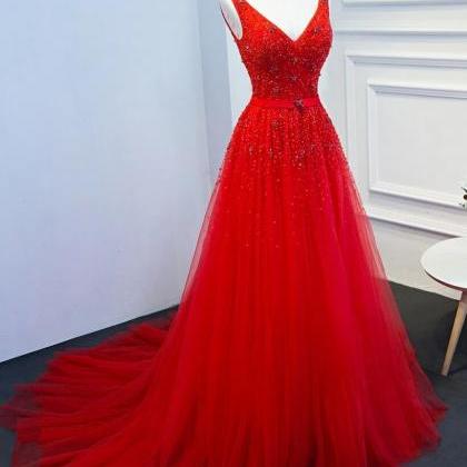 Red V-neckline Sequins And Beadings Tulle Long..
