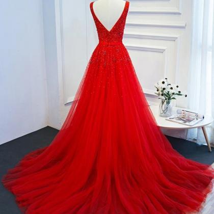 Red V-neckline Sequins And Beadings Tulle Long..