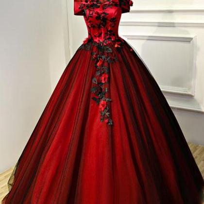 Glam Red And Black Flowers Cap Sleeves Ball Gown..