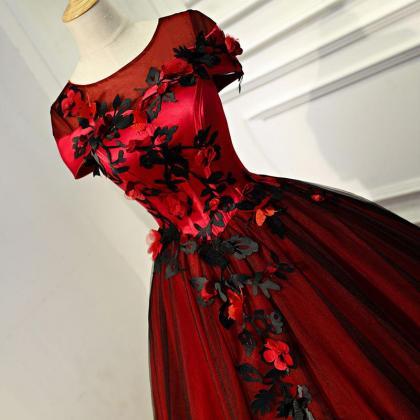 Glam Red And Black Flowers Cap Sleeves Ball Gown..