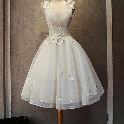 White Tulle Short V-neckline Party Dress, Cute..