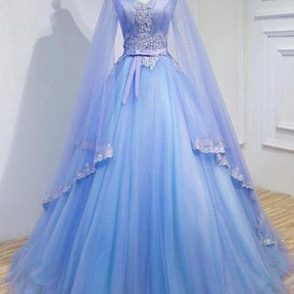 Beautiful Blue V-neckline Prom Dress With Long..