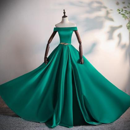 Green Satin A-line Long Off Shoulder Simple Prom..