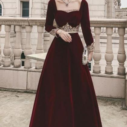 Elegant Wine Red Velvet Long Sleeves Party Dress,..