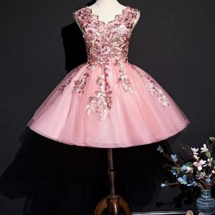 Beautiful Pink Tulle Flowers Homecoming Dress,..
