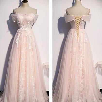 Long Pink Off Shoulder A-line Prom Dress With..