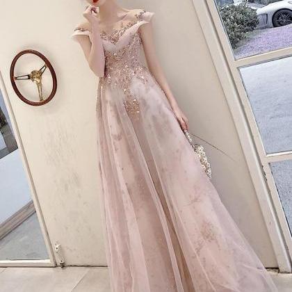Light Pink Tulle A-line Long Prom Dress, Evening..