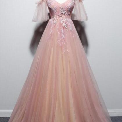 Pink Tulle V-neckline Floral Long Prom Dress, Pink..