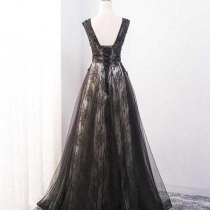 Black Tulle And Lace Round Neckline A-line Party..