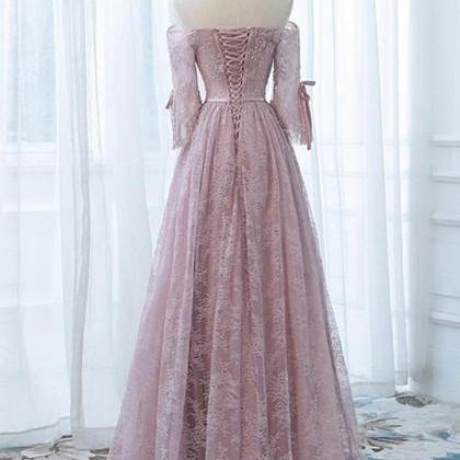 Pink Lace Off Shoulder Sleeves Long Party Dress,..