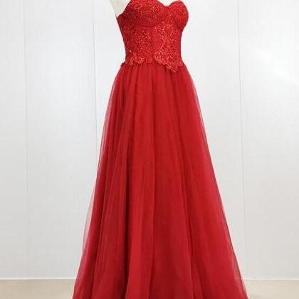 Red Tulle Sweetheart Straps Long Party Gown, Red..