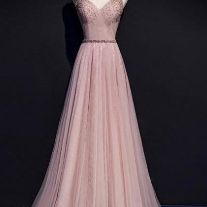 Pink V-neckline Beaded Tulle Prom Dress 2020,..