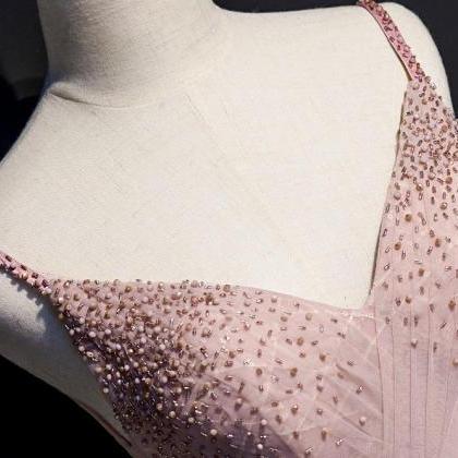 Pink V-neckline Beaded Tulle Prom Dress 2020,..