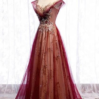 Charming Tulle Cap Sleeves Long Party Gown, Prom..