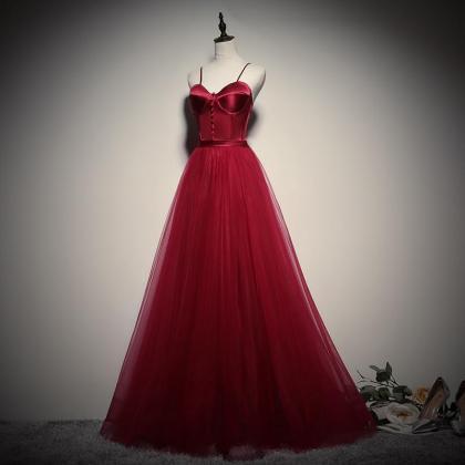 Gorgeous Dark Red Straps Tulle Long Party Dress,..