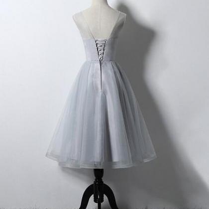 Beautiful Grey Tea Length Bridesmaid Dress, Round..