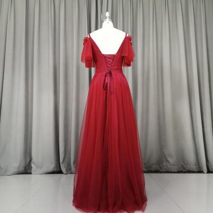 Beautiful Wine Red Tulle Long Party Dress,..