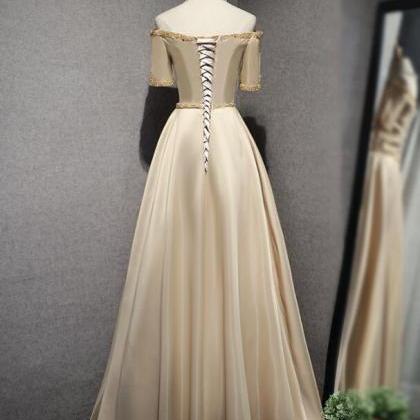 Beautiful Champagne Satin Long Beaded Prom Dress,..