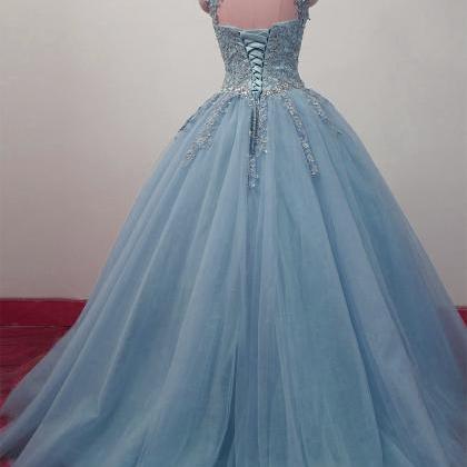 Charming Blue Tulle Long Ball Gown Sweet 16 Dress..