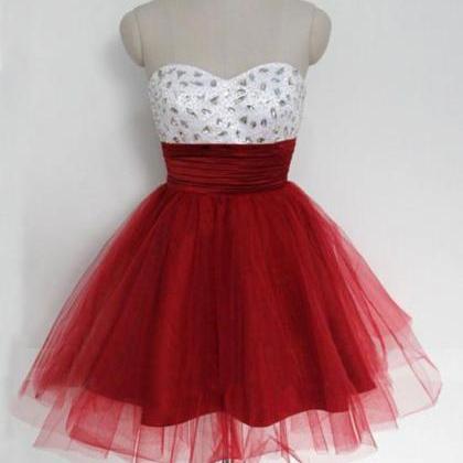 Cute Red And White Tulle Beaded Short Party Dress,..
