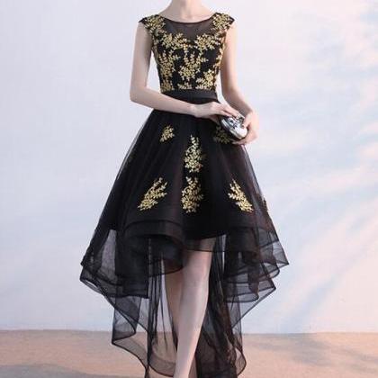 Black Tulle High Low Homecoming Dress With Gold..