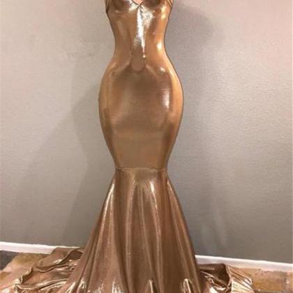 Chic Spaghetti Strap Gold Prom Dress, Sleeveless..