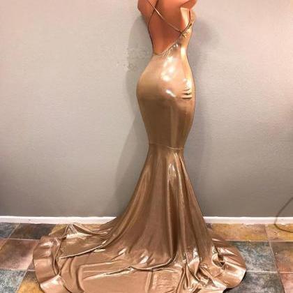 Chic Spaghetti Strap Gold Prom Dress, Sleeveless..