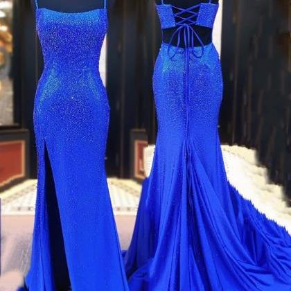 Gorgeous Mermaid Royal Blue Beaded Long Prom Gown