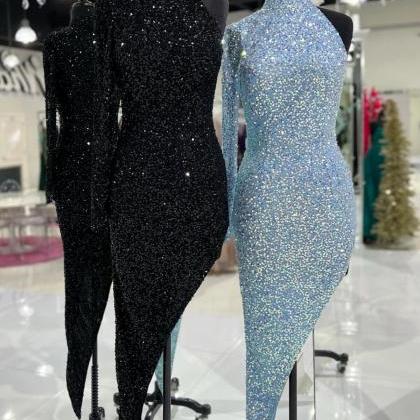 High Neck Tight Sequins Long Dress With Slit
