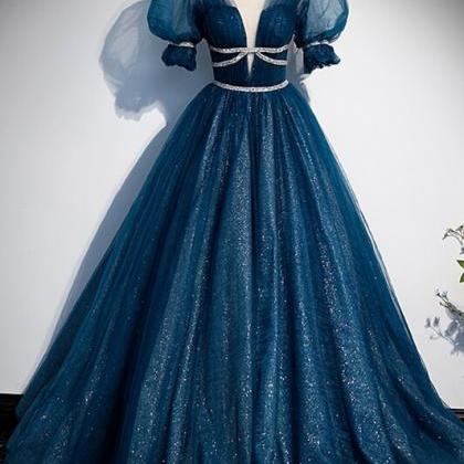 Blue A-line Tulle Long Formal Dress With Short..
