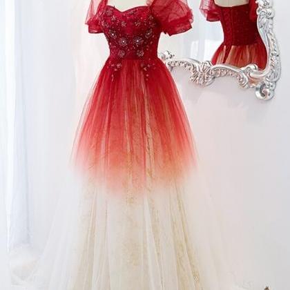 Red Ombre A-line Tulle Long Formal Dress With..