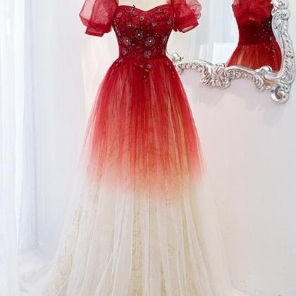 Red Ombre A-line Tulle Long Formal Dress With..