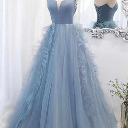 Strapless Blue A-line Long Prom Gown